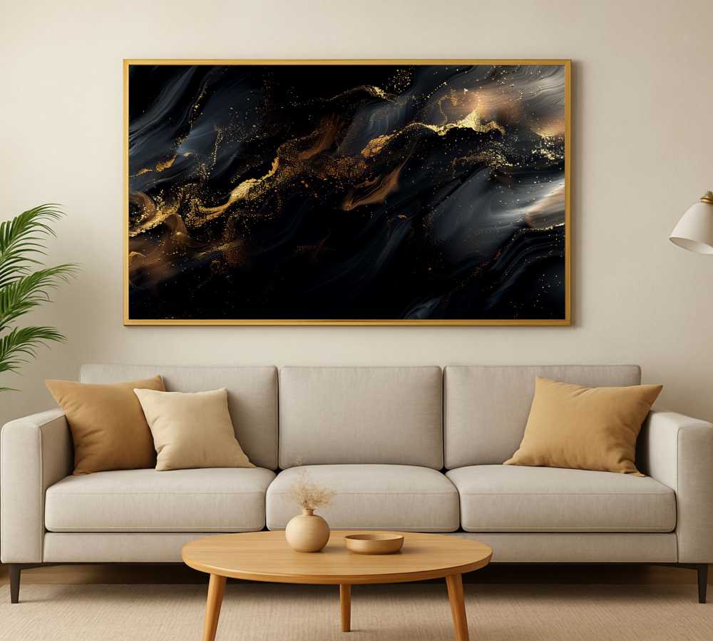 Quadro Decorativo Abstrato Preto com Ouro Liquido 